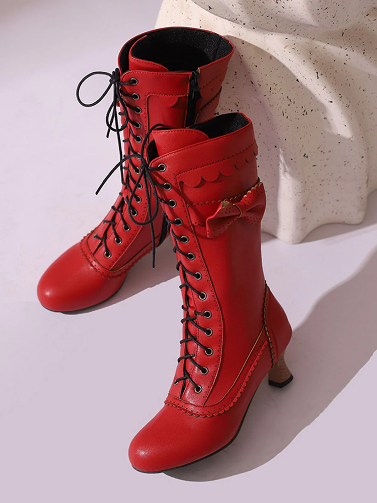 Leather Bow Lace-Up Calf High Boots - Image 32