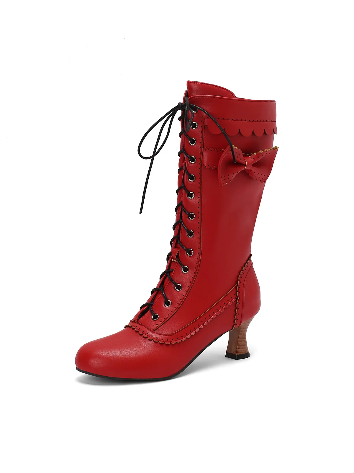 Leather Bow Lace-Up Calf High Boots - Image 33