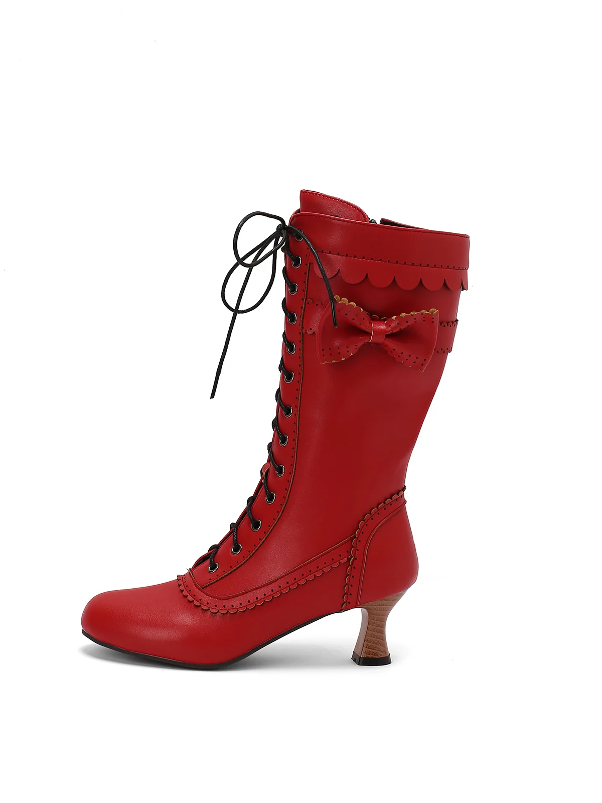 Leather Bow Lace-Up Calf High Boots - Image 34