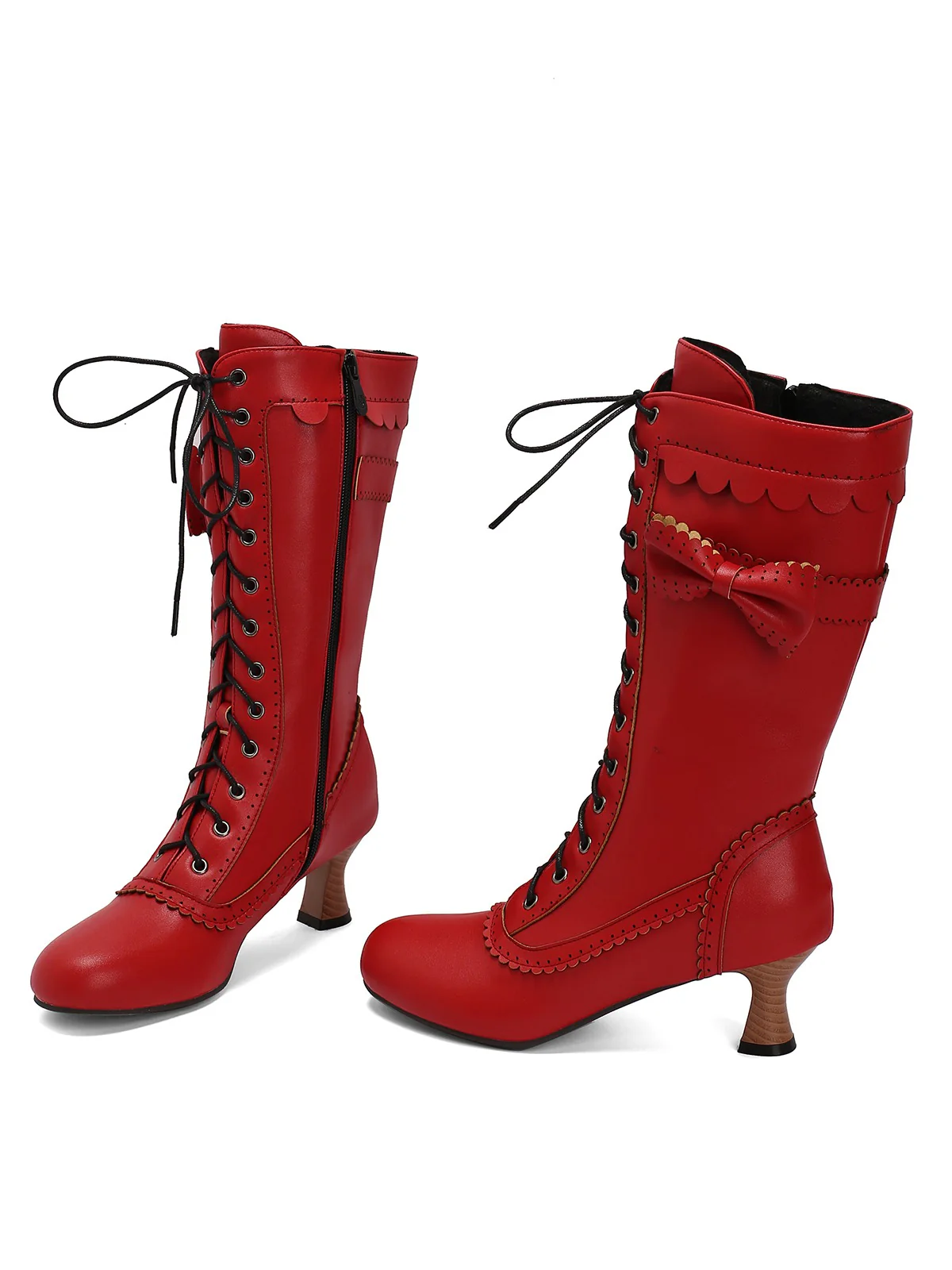 Leather Bow Lace-Up Calf High Boots - Image 35