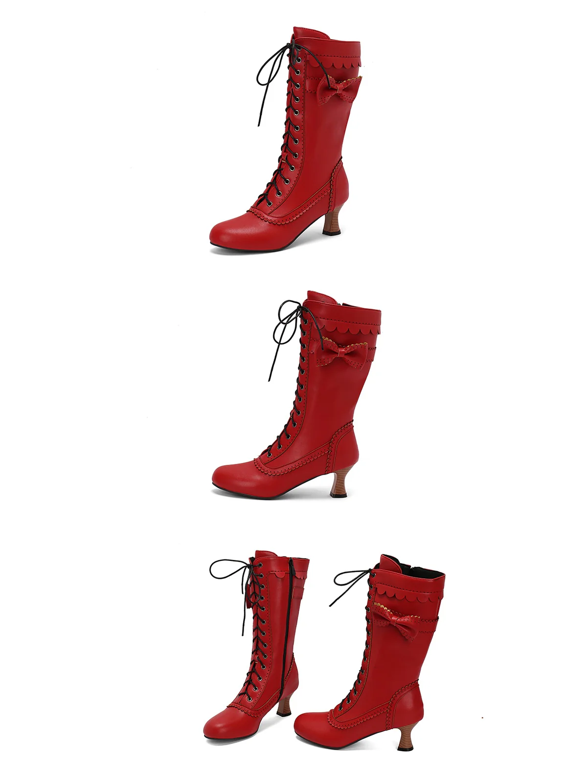 Leather Bow Lace-Up Calf High Boots - Image 36