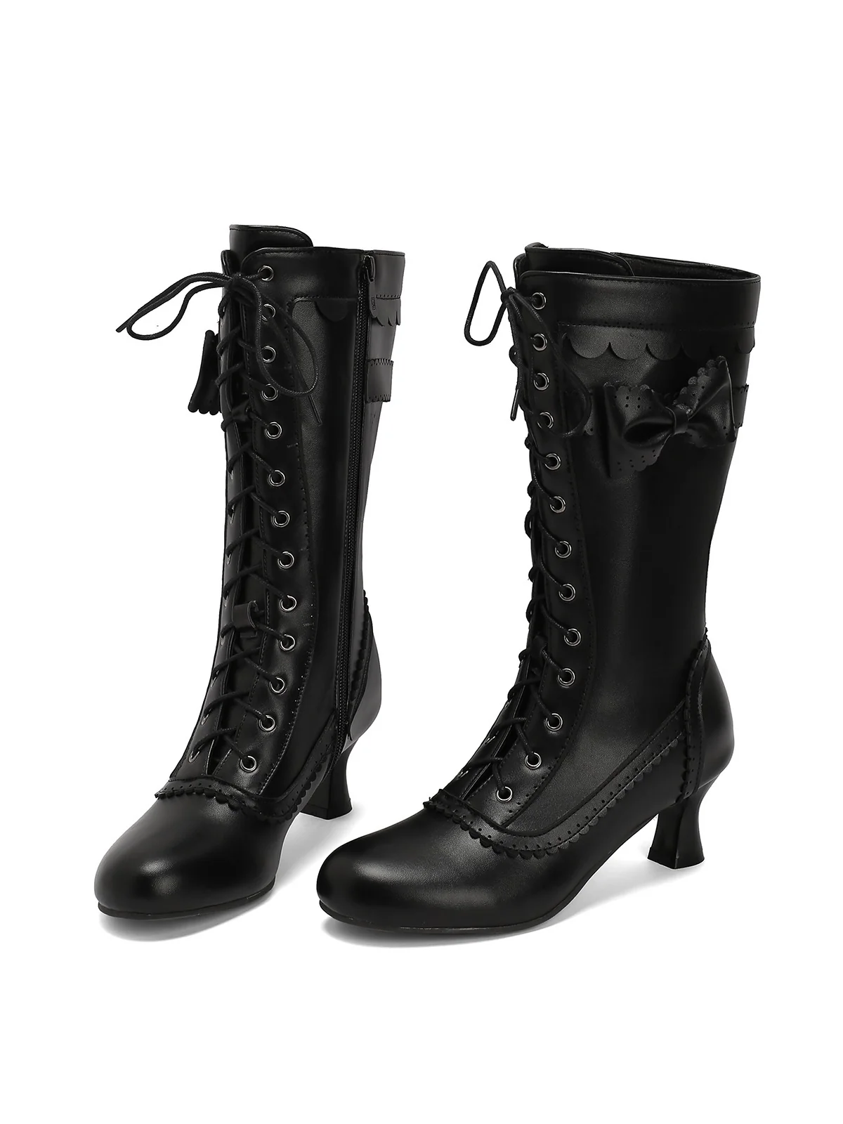 Leather Bow Lace-Up Calf High Boots - Image 4