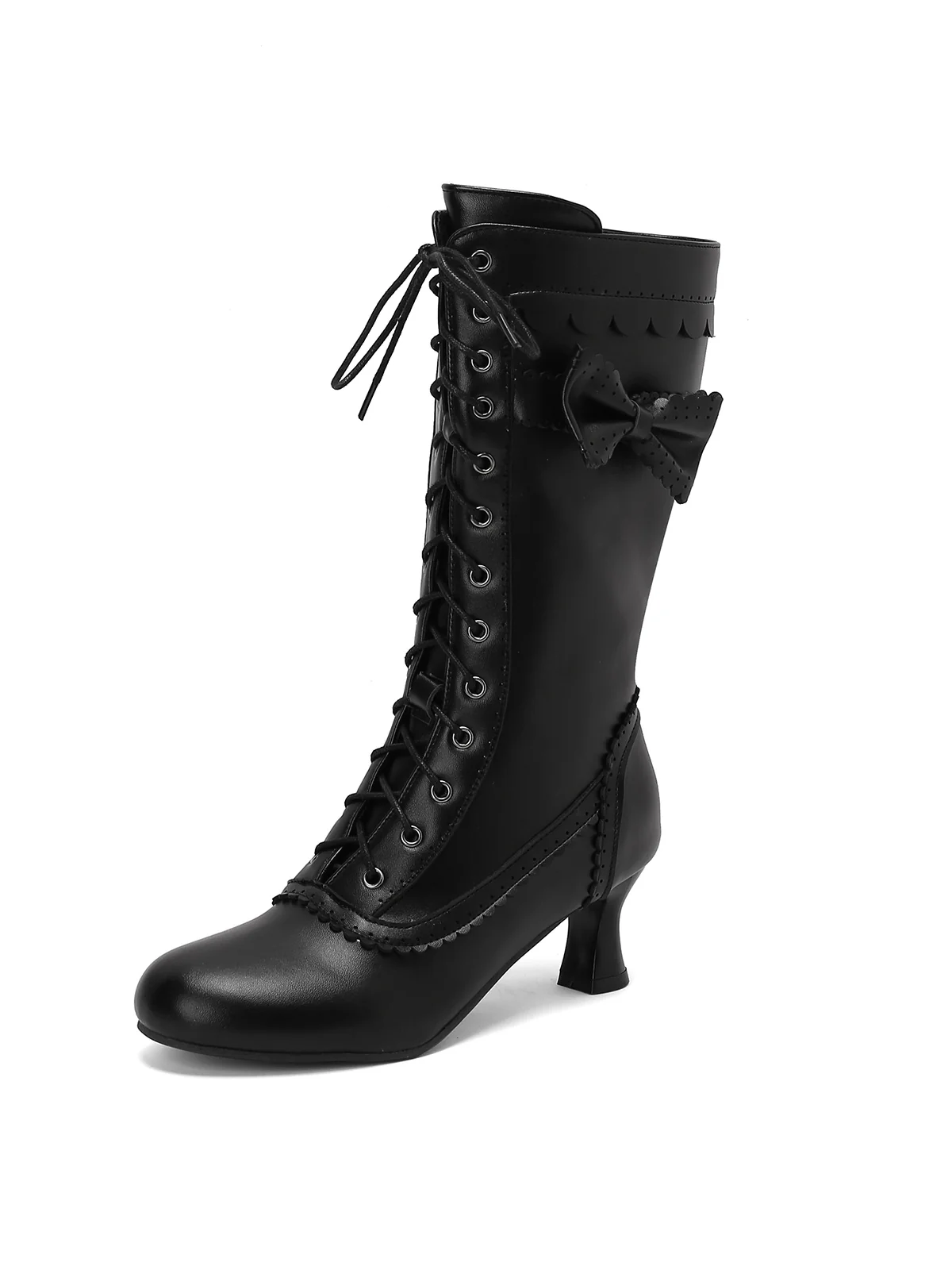 Leather Bow Lace-Up Calf High Boots - Image 5