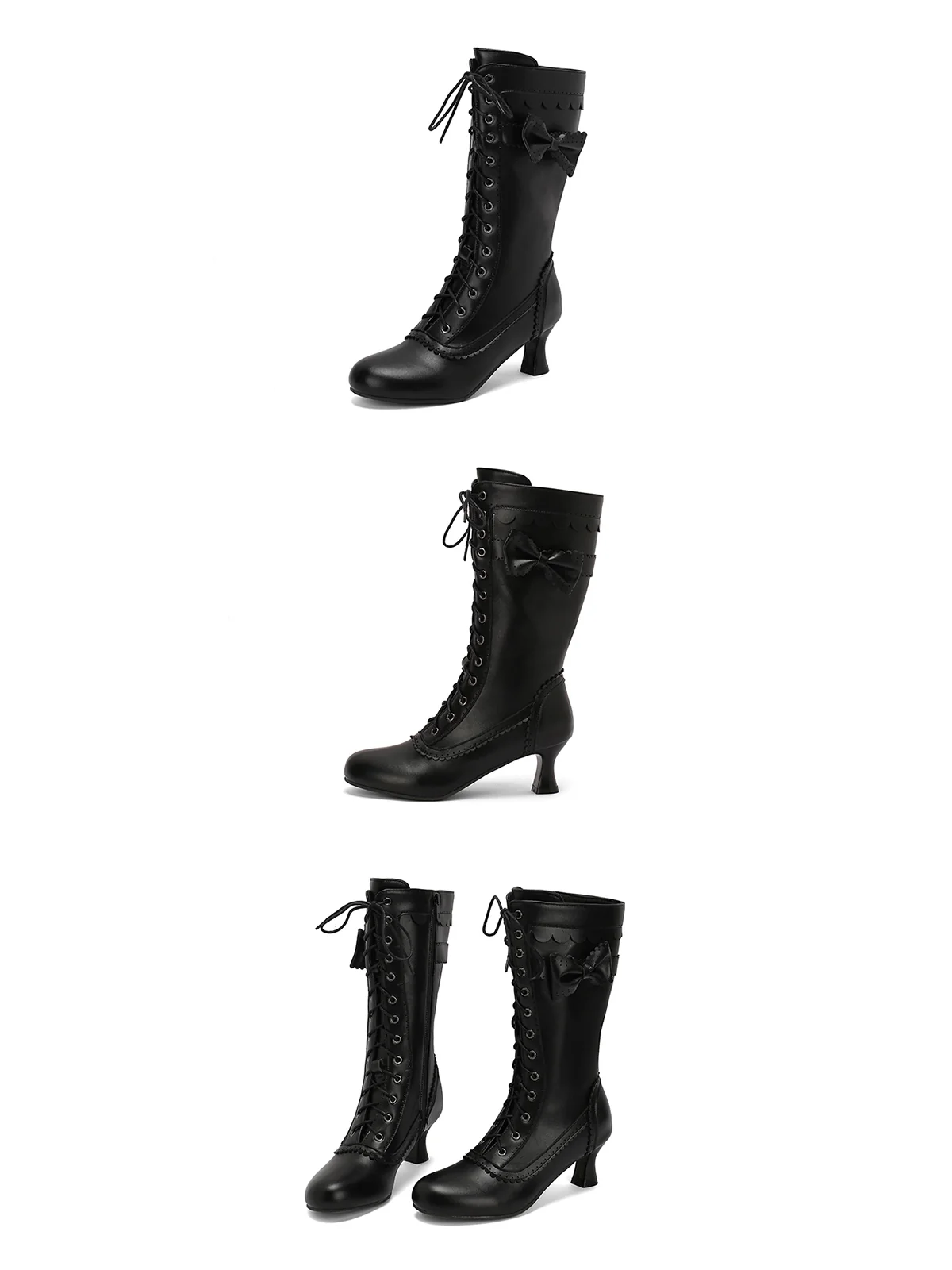 Leather Bow Lace-Up Calf High Boots - Image 7