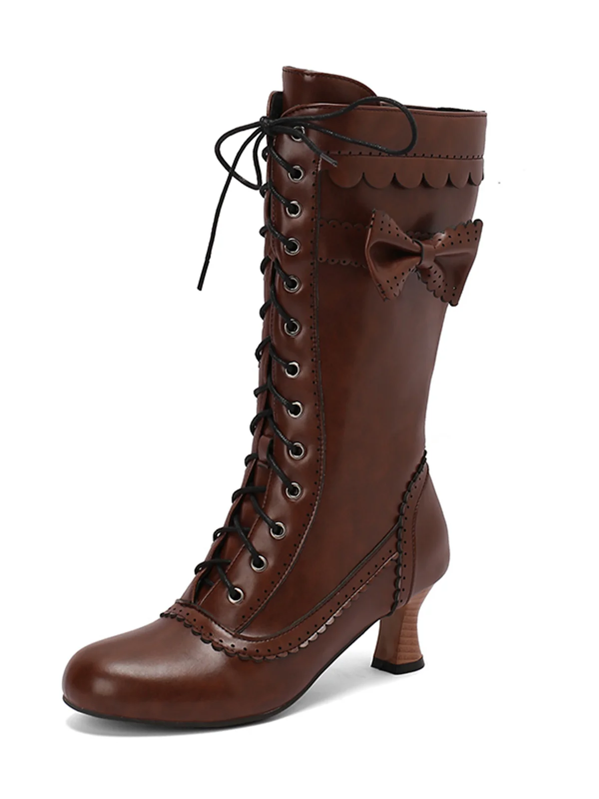 Leather Bow Lace-Up Calf High Boots - Image 9