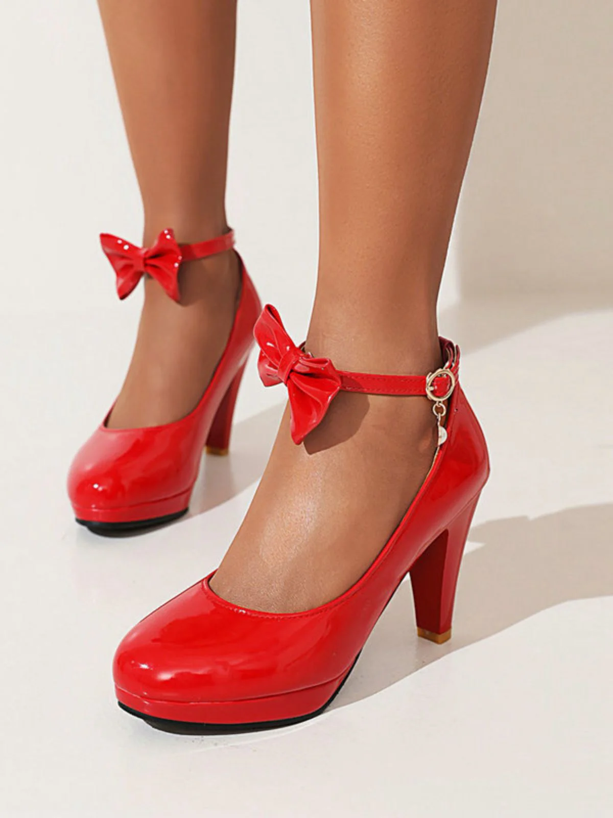 Solid Leather Bowknot Buckle Strap Chunky Heels - Image 3