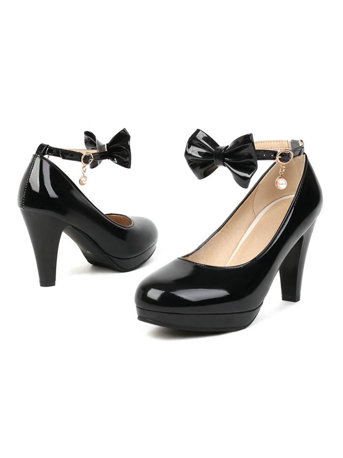 Solid Leather Bowknot Buckle Strap Chunky Heels - Image 6