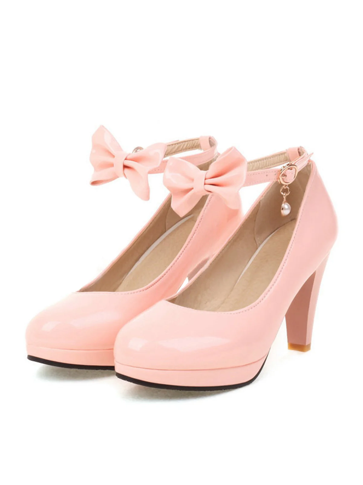 Solid Leather Bowknot Buckle Strap Chunky Heels - Image 7