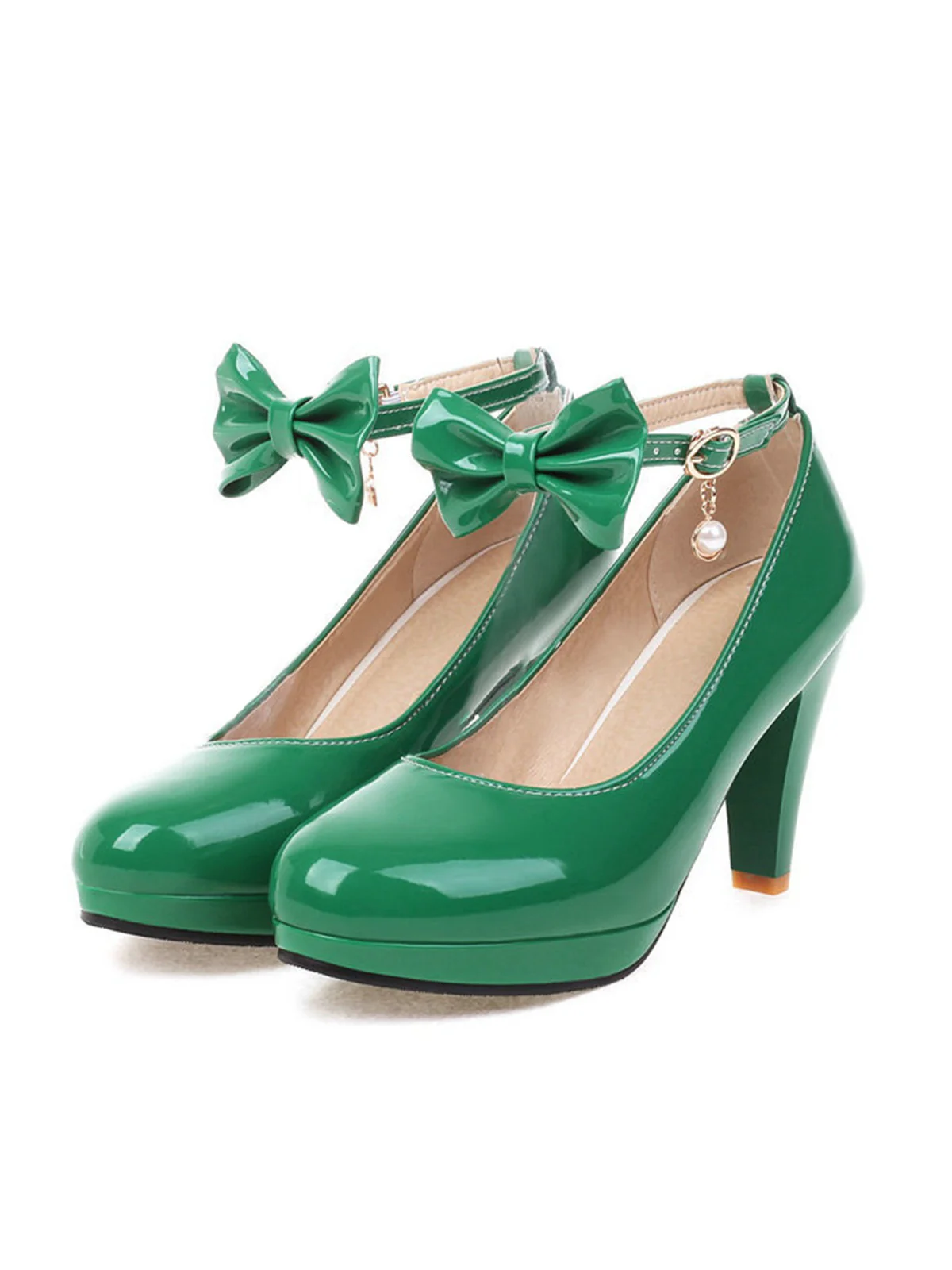 Solid Leather Bowknot Buckle Strap Chunky Heels - Image 8
