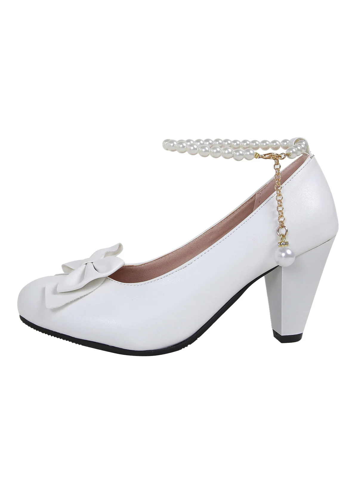 Leather Bowknot Pearl Ankle Strap Chunky Heels - Image 5