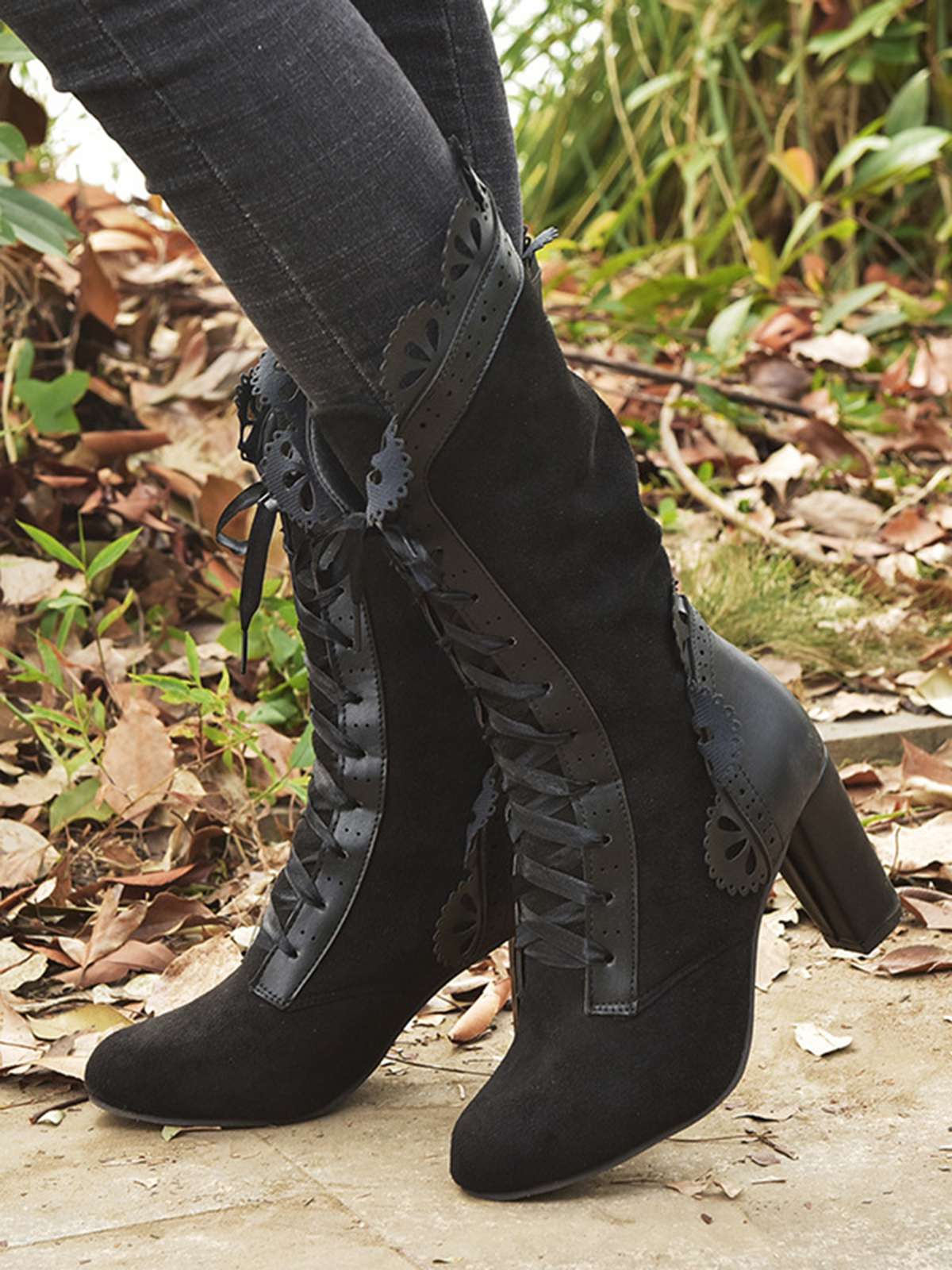 Leather Petal Edge Lace-Up Mid-Calf Boots - Image 10