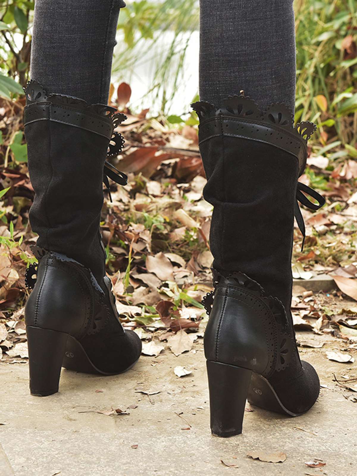 Leather Petal Edge Lace-Up Mid-Calf Boots - Image 11