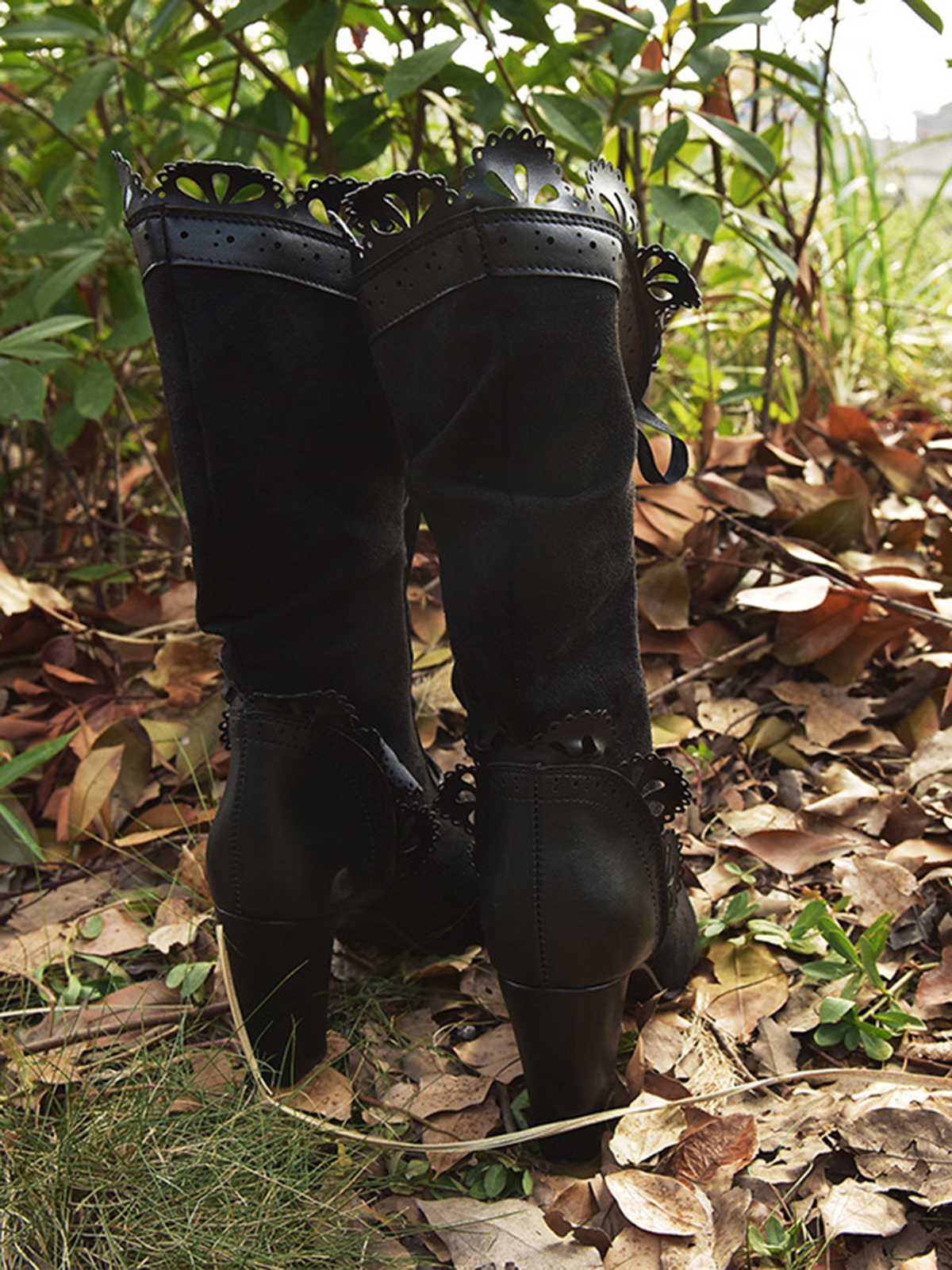 Leather Petal Edge Lace-Up Mid-Calf Boots - Image 12