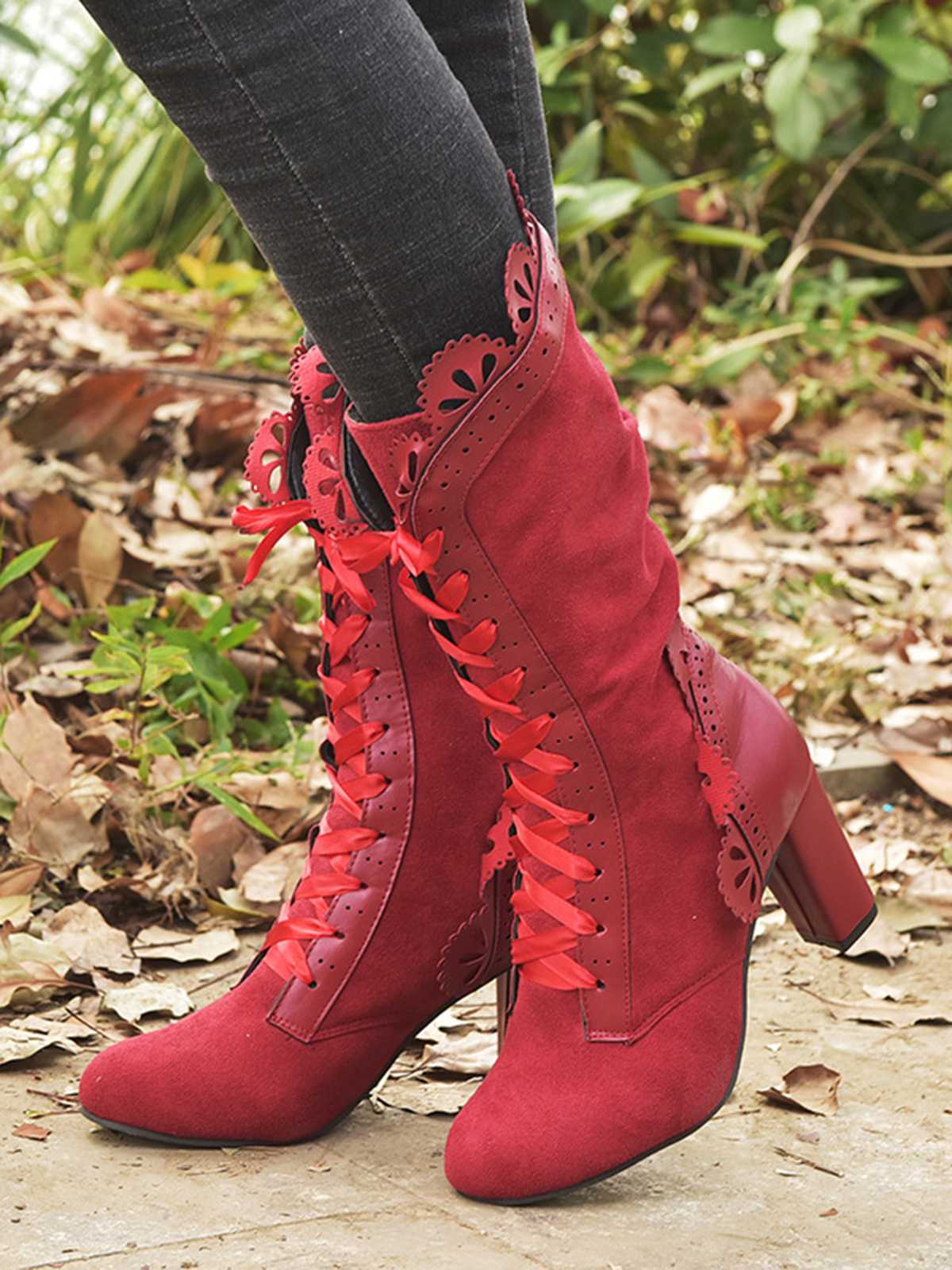 Leather Petal Edge Lace-Up Mid-Calf Boots - Image 2