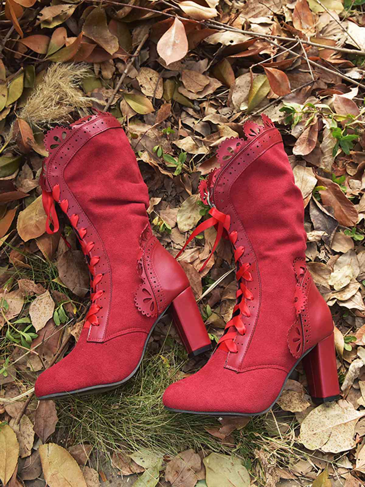 Leather Petal Edge Lace-Up Mid-Calf Boots - Image 3