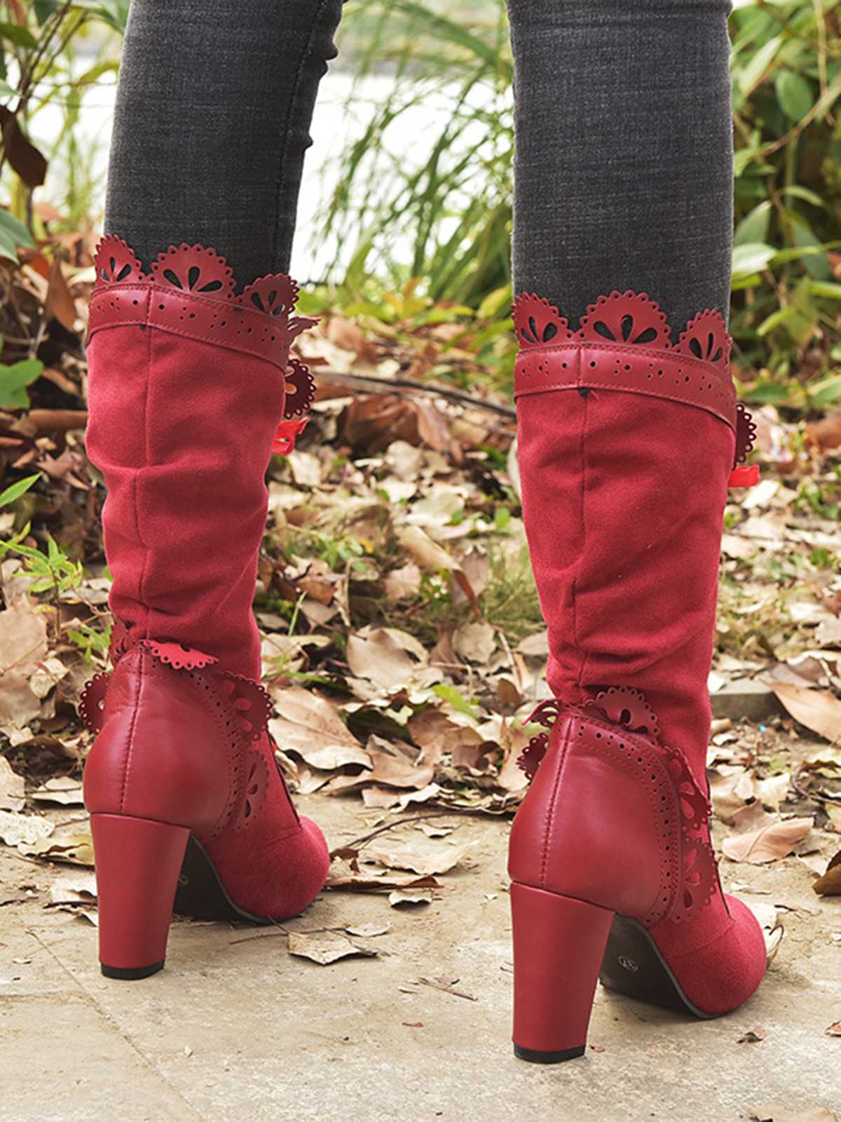 Leather Petal Edge Lace-Up Mid-Calf Boots - Image 4