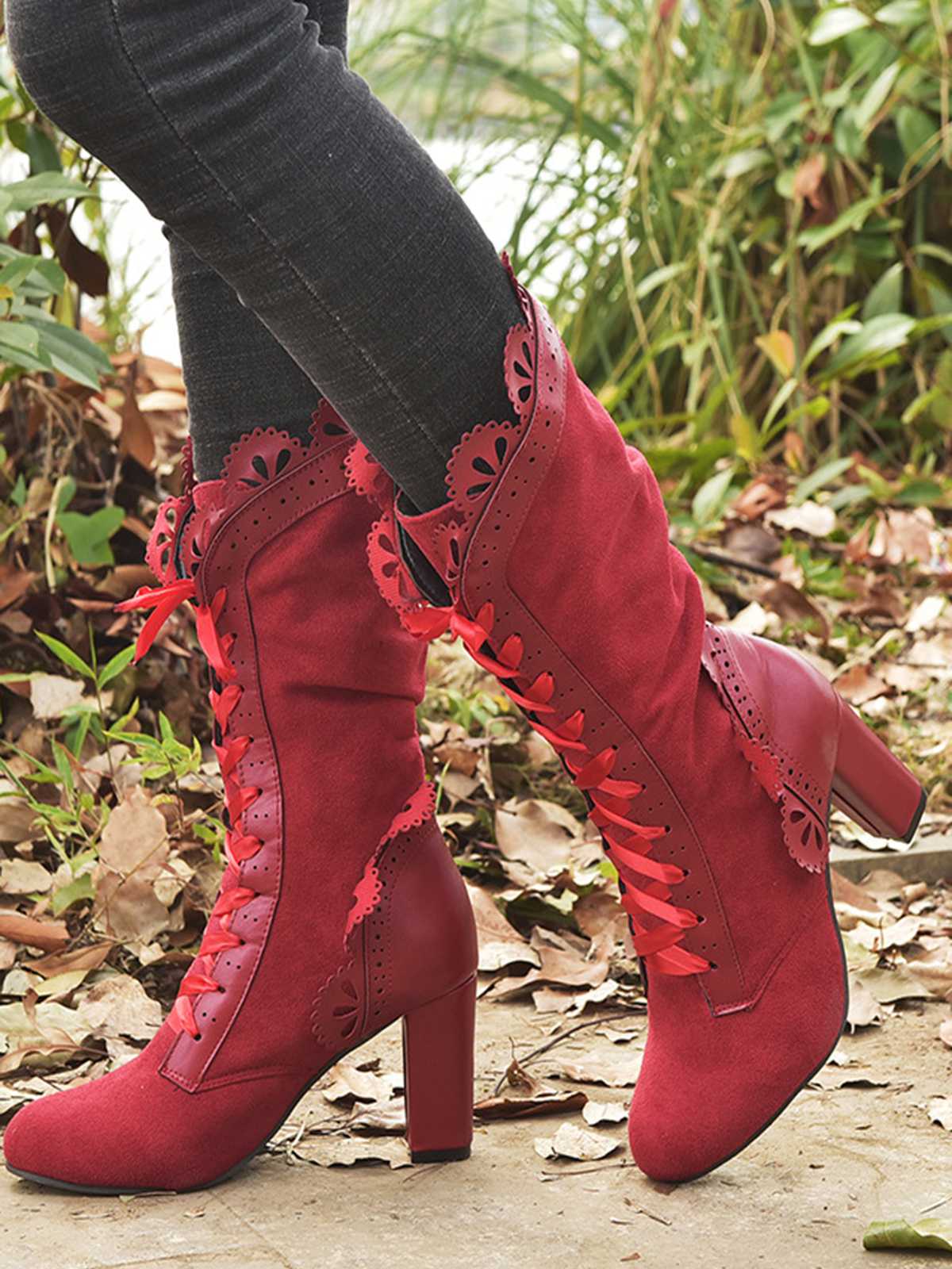 Leather Petal Edge Lace-Up Mid-Calf Boots - Image 5