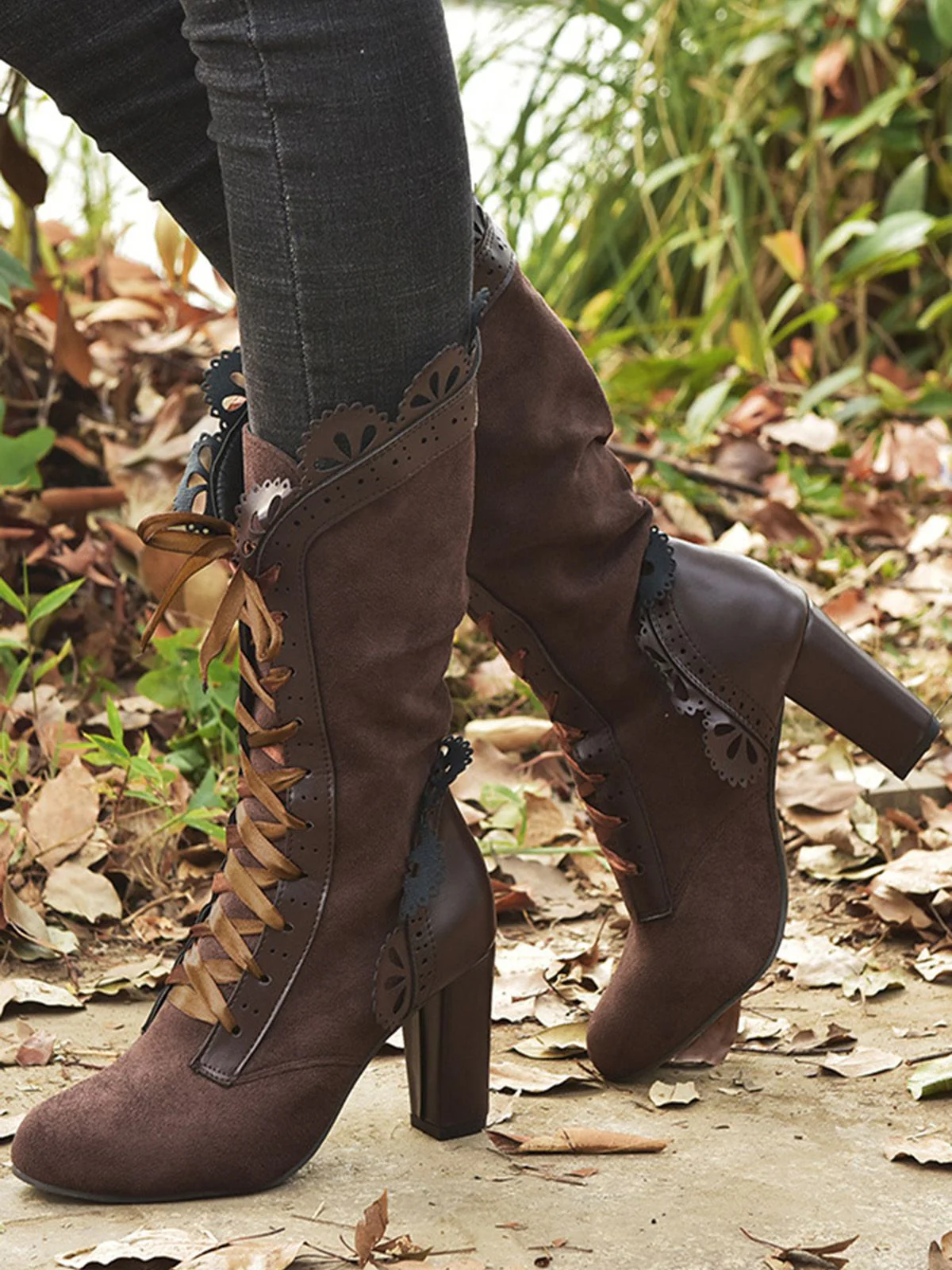 Leather Petal Edge Lace-Up Mid-Calf Boots - Image 6