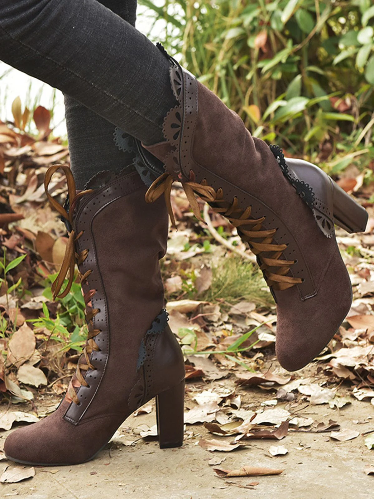 Leather Petal Edge Lace-Up Mid-Calf Boots - Image 7