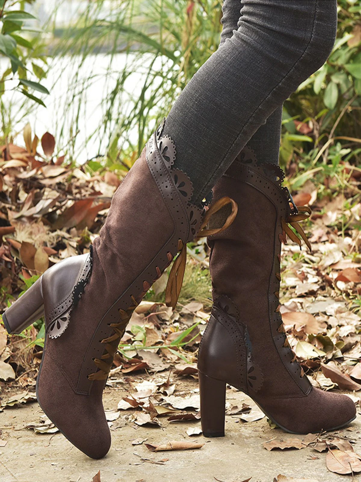 Leather Petal Edge Lace-Up Mid-Calf Boots - Image 8