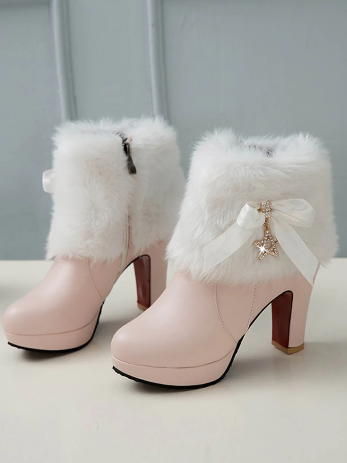 Leather Rhinestone Fur Patchwork High Boots - Image 4
