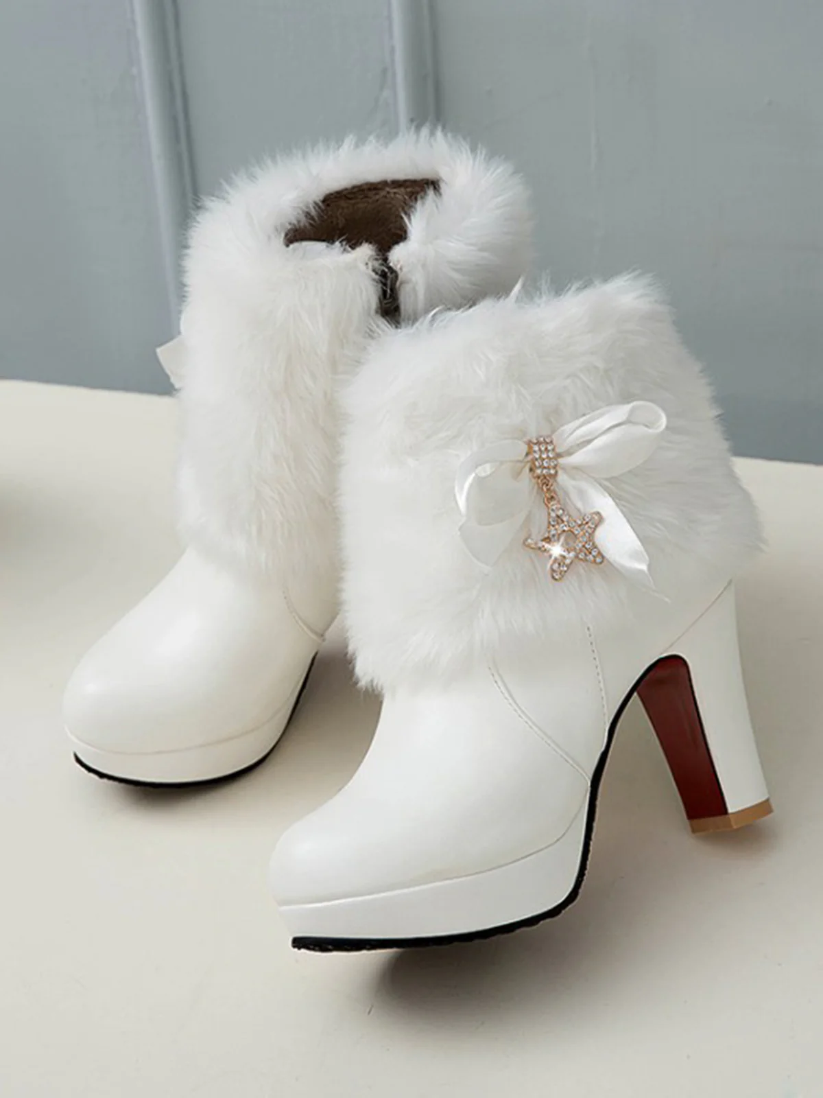 Leather Rhinestone Fur Patchwork High Boots - Image 5