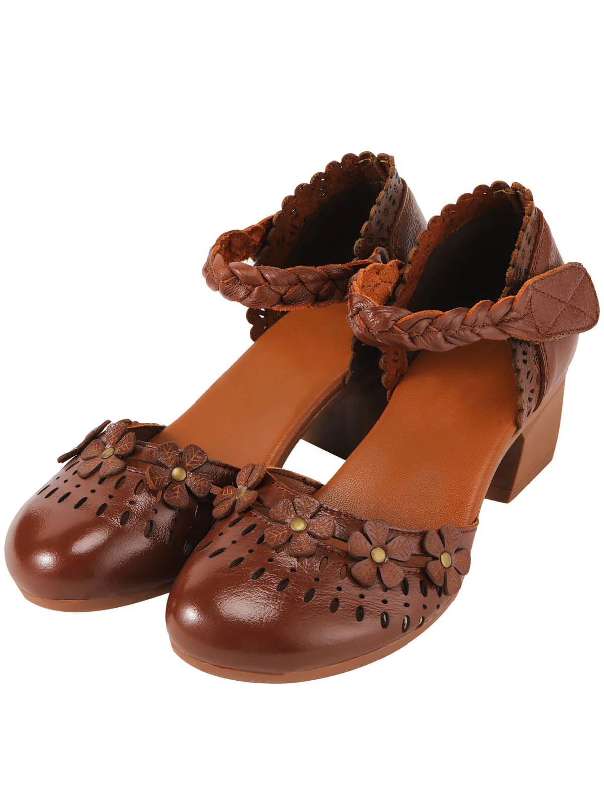 Leather Vintage Hollow-out High Heeled Sandals - Image 3