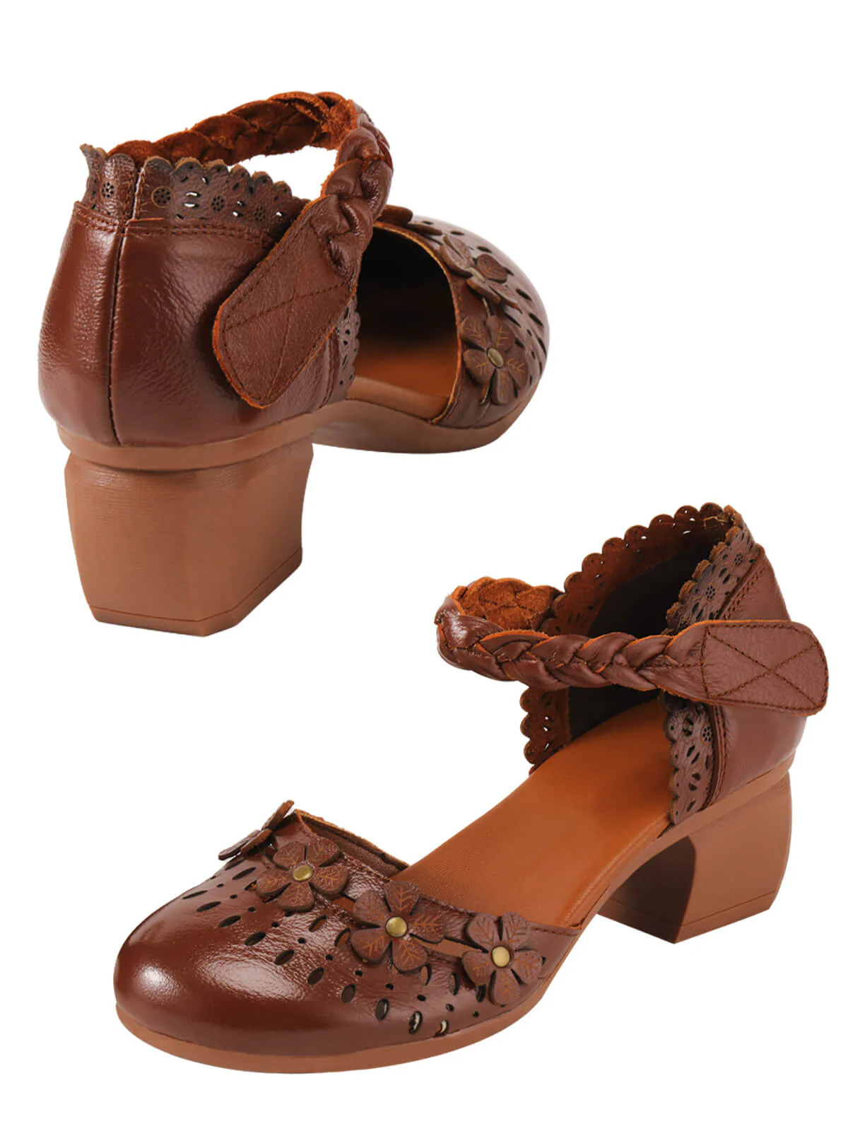 Leather Vintage Hollow-out High Heeled Sandals - Image 4