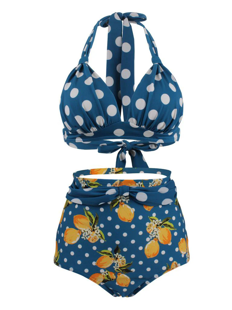 1950s Lemon Polka Dot Halter Bikini - Image 2