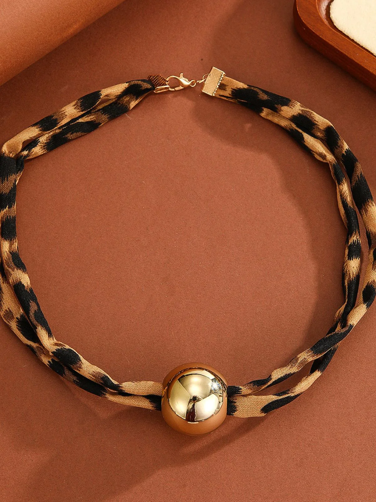 Leopard Print Cord Gold Ball Pendant Necklace - Image 3