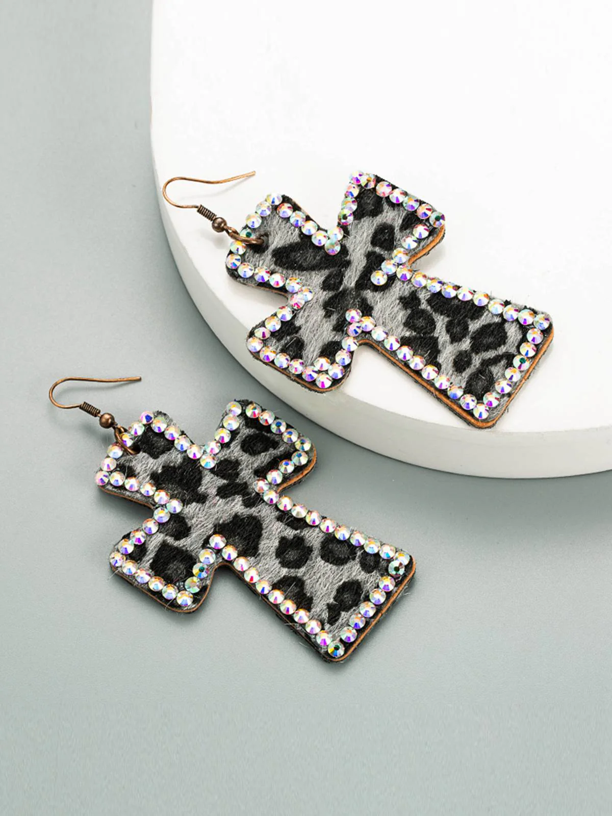 Leopard Rhinestones Cross Pendant Earrings - Image 2