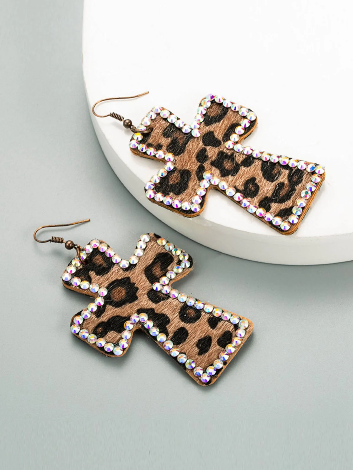 Leopard Rhinestones Cross Pendant Earrings - Image 3