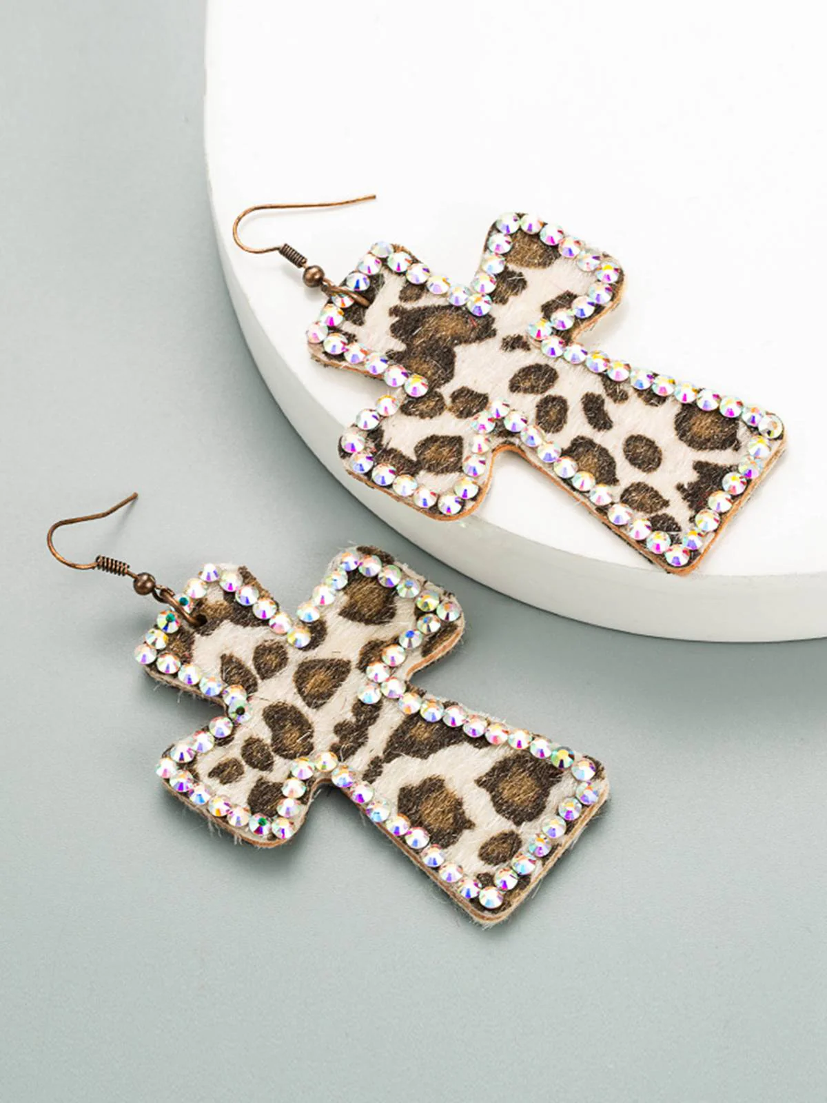 Leopard Rhinestones Cross Pendant Earrings - Image 4