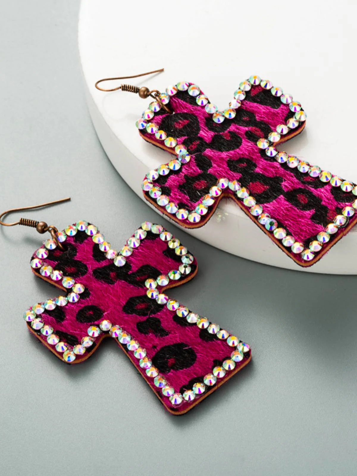 Leopard Rhinestones Cross Pendant Earrings - Image 5