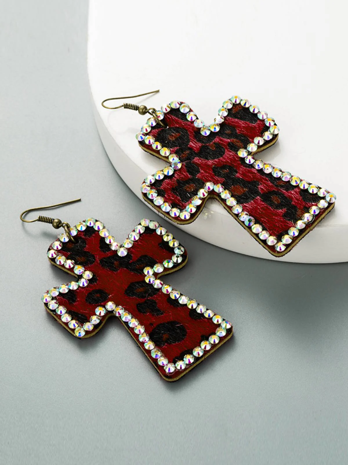 Leopard Rhinestones Cross Pendant Earrings - Image 6