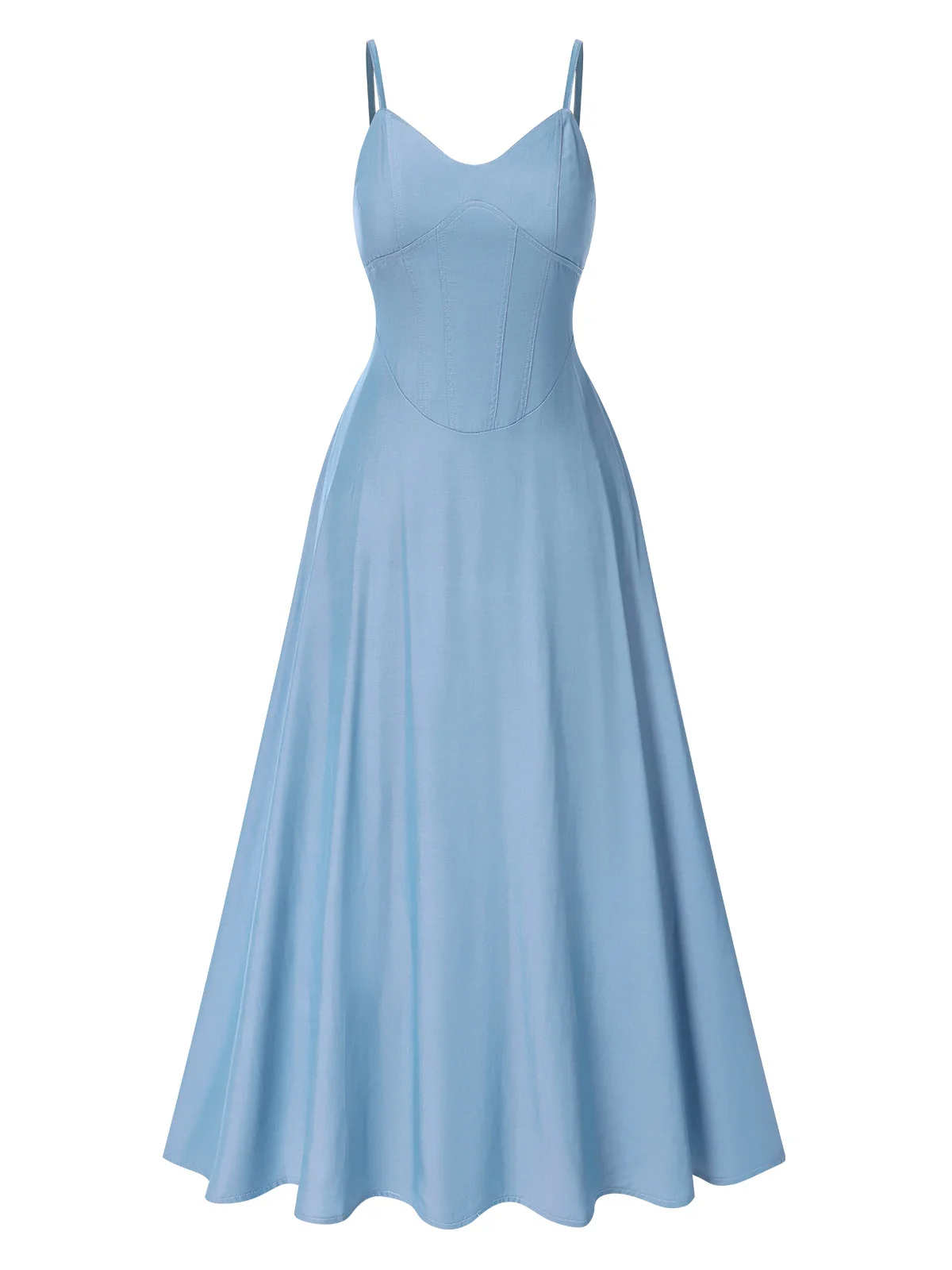 Light Blue 1930s Solid Straps Cotton Dress - Image 2