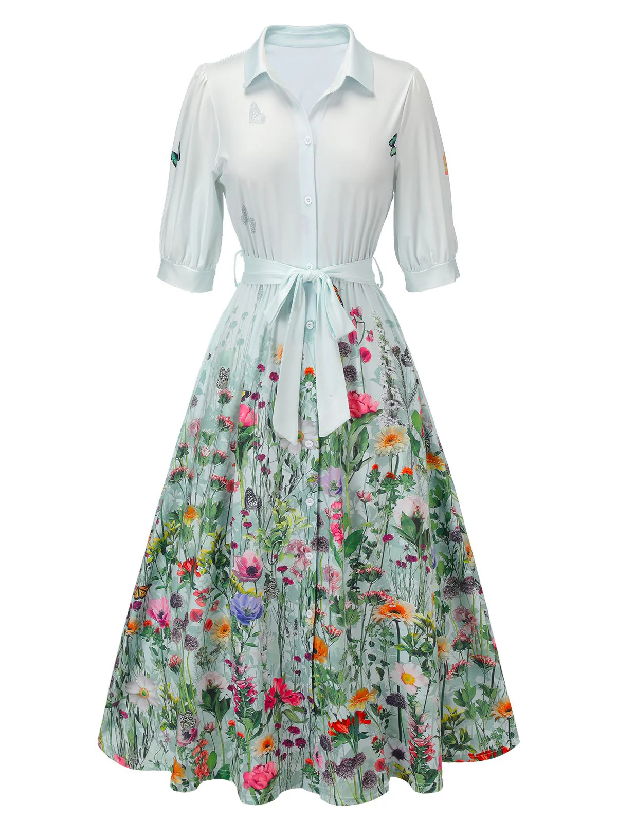 Light Blue 1940s Floral Shirt Neck Belt Dress - Image 2
