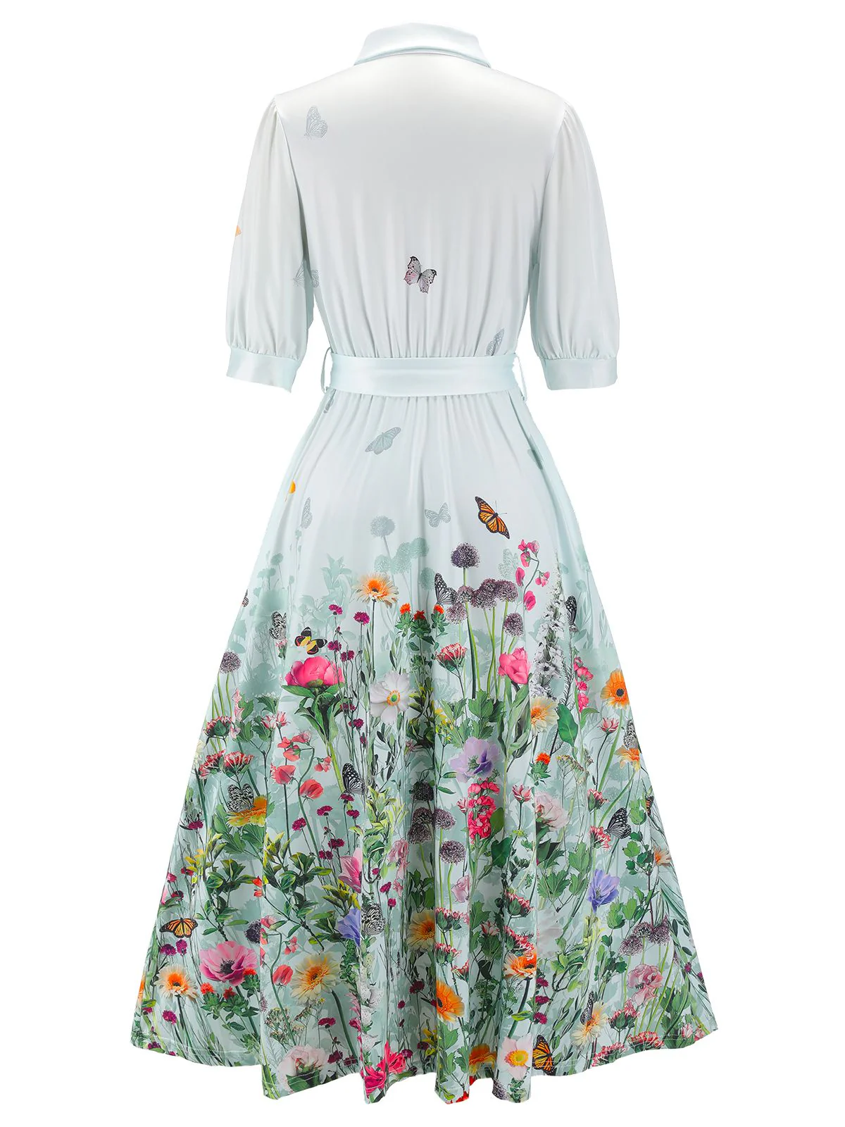 Light Blue 1940s Floral Shirt Neck Belt Dress - Image 3