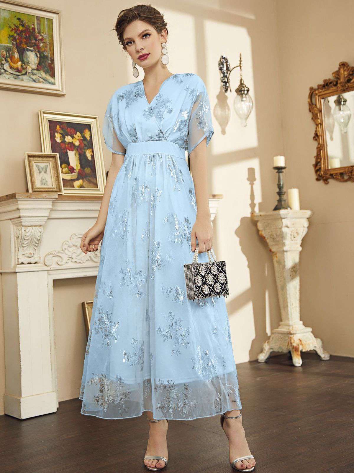 Light Blue 1940s Foil Stamping Mesh Patchwork Dress - Image 2