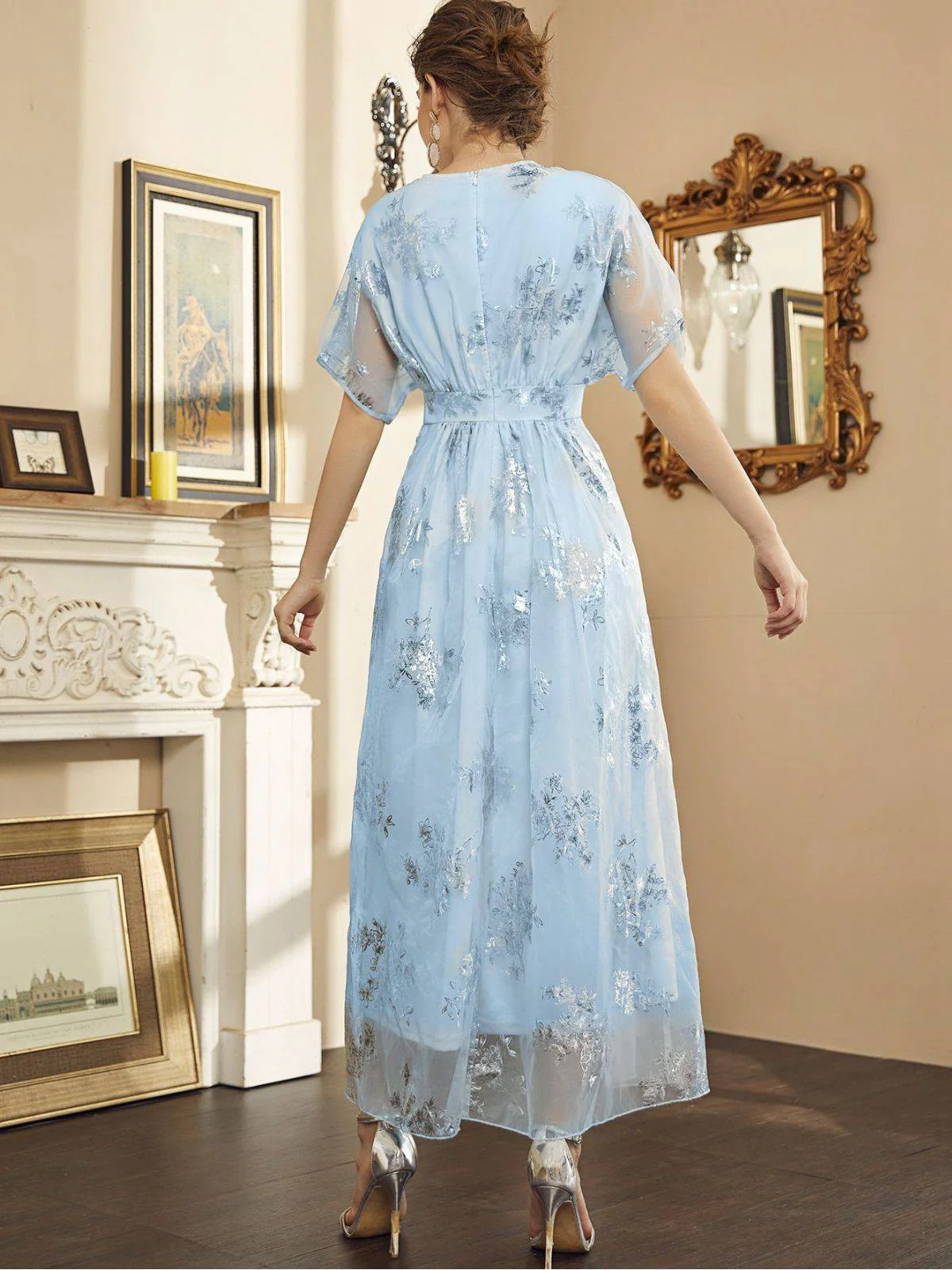 Light Blue 1940s Foil Stamping Mesh Patchwork Dress - Image 3