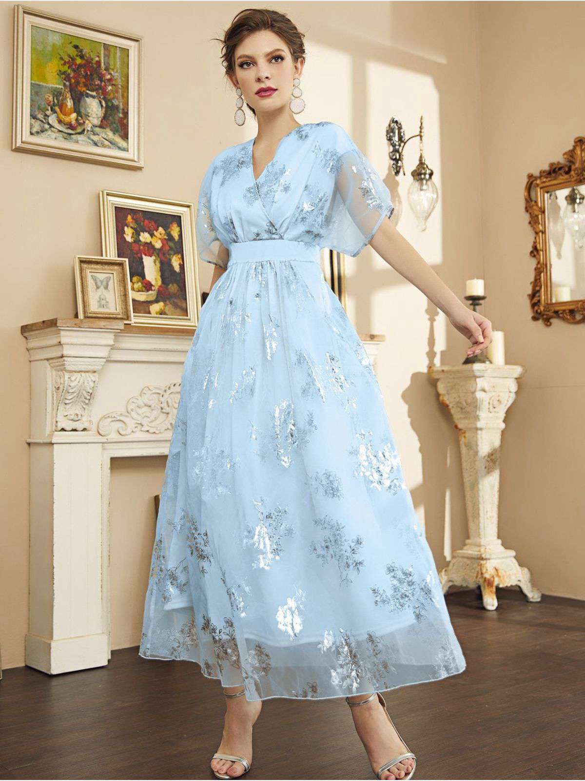 Light Blue 1940s Foil Stamping Mesh Patchwork Dress - Image 4