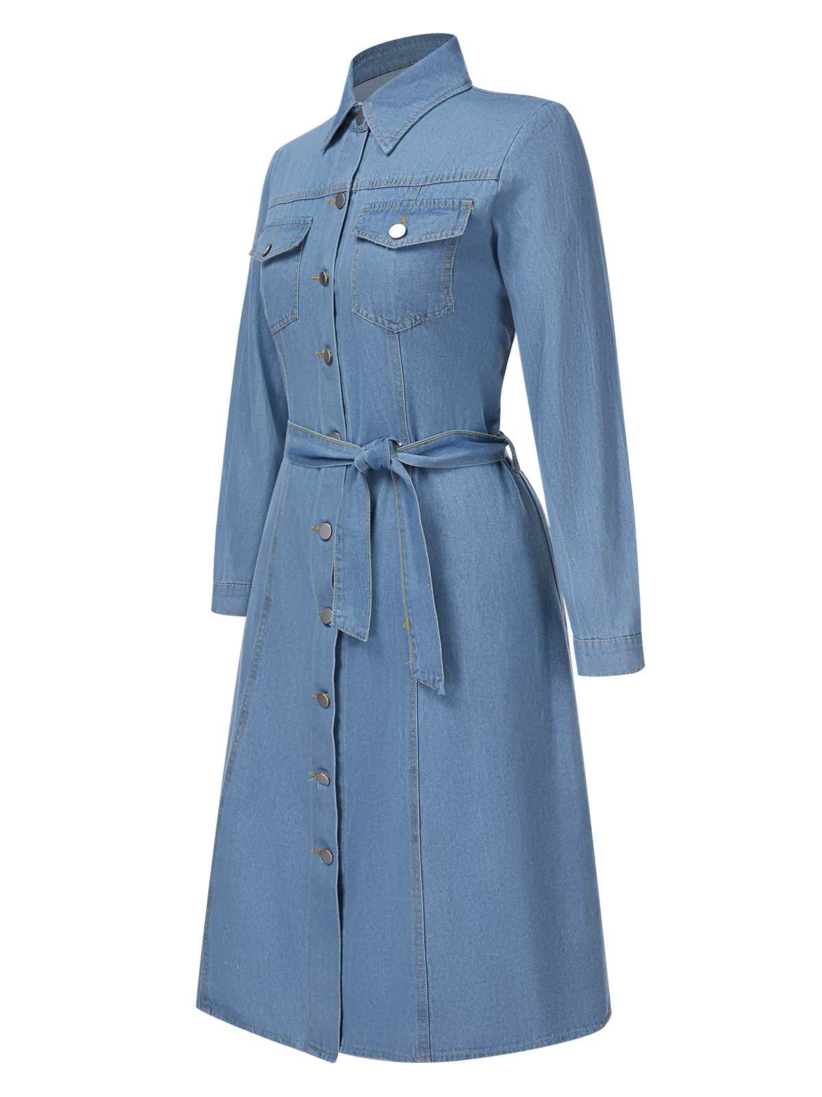 Light Blue 1940s Lapel Denim Belted Dress - Image 2