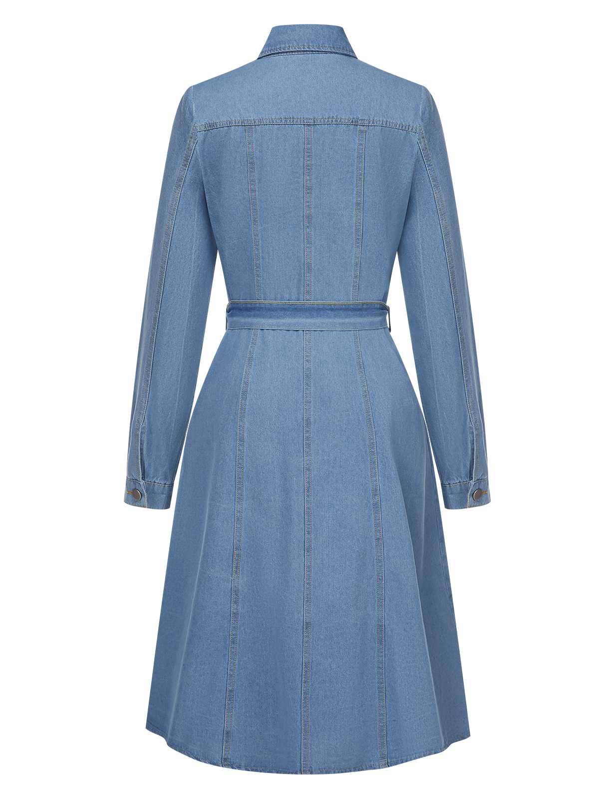 Light Blue 1940s Lapel Denim Belted Dress - Image 3