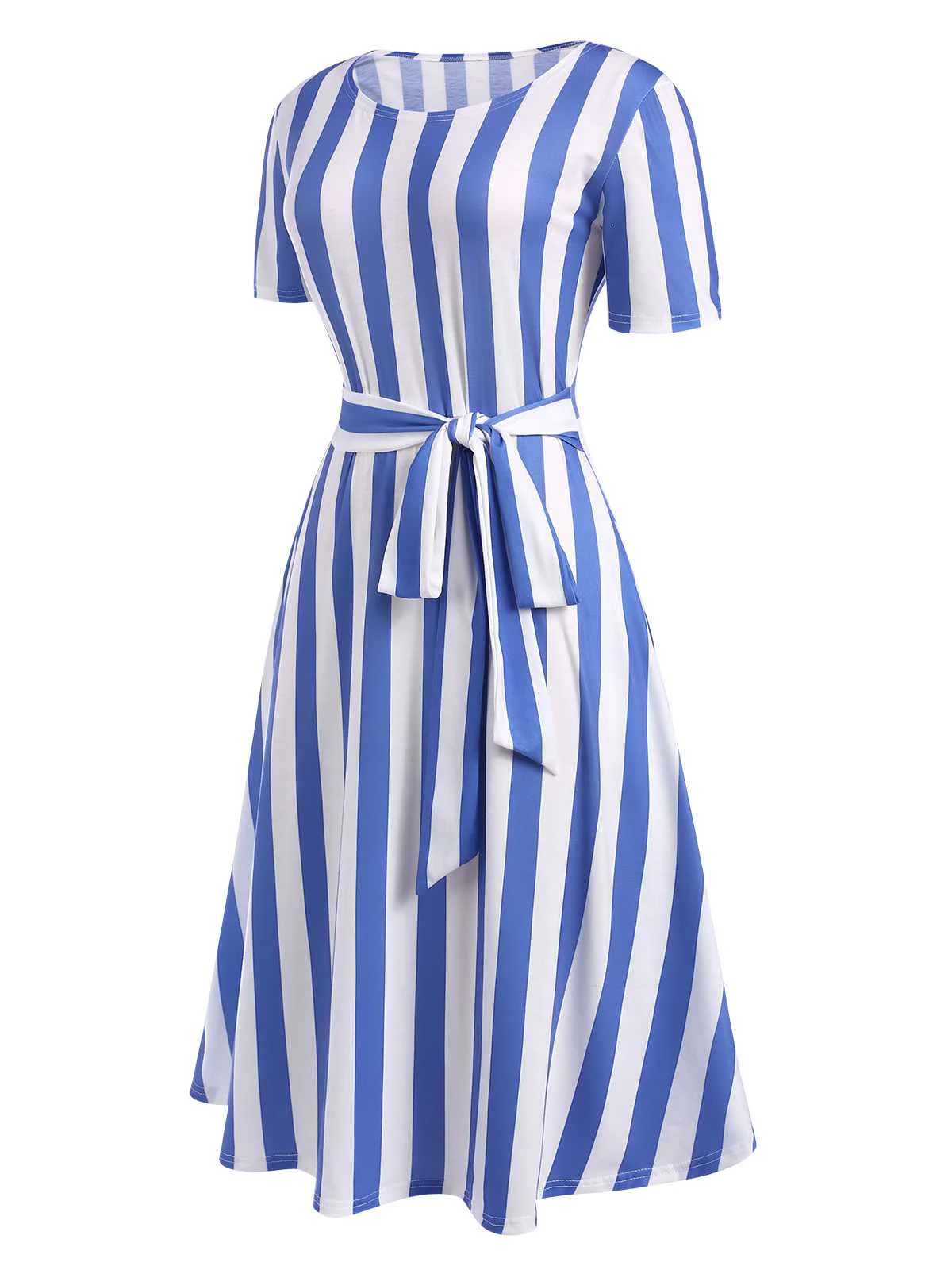 Light Blue 1940s Nautical Striped Belted Dress - Image 3