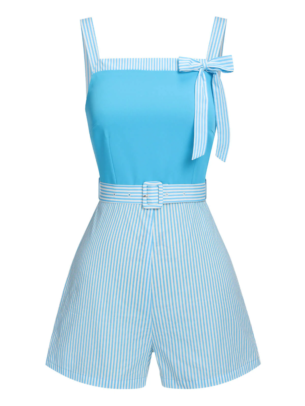 Light Blue 1940s Stripe Wide Straps Romper - Image 2