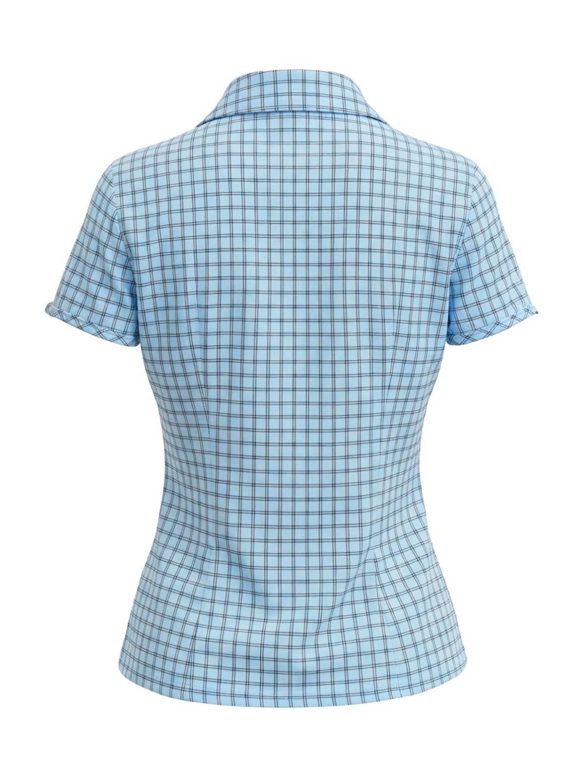 Light Blue 1950s Grid Check Lapel Collar Blouse - Image 2