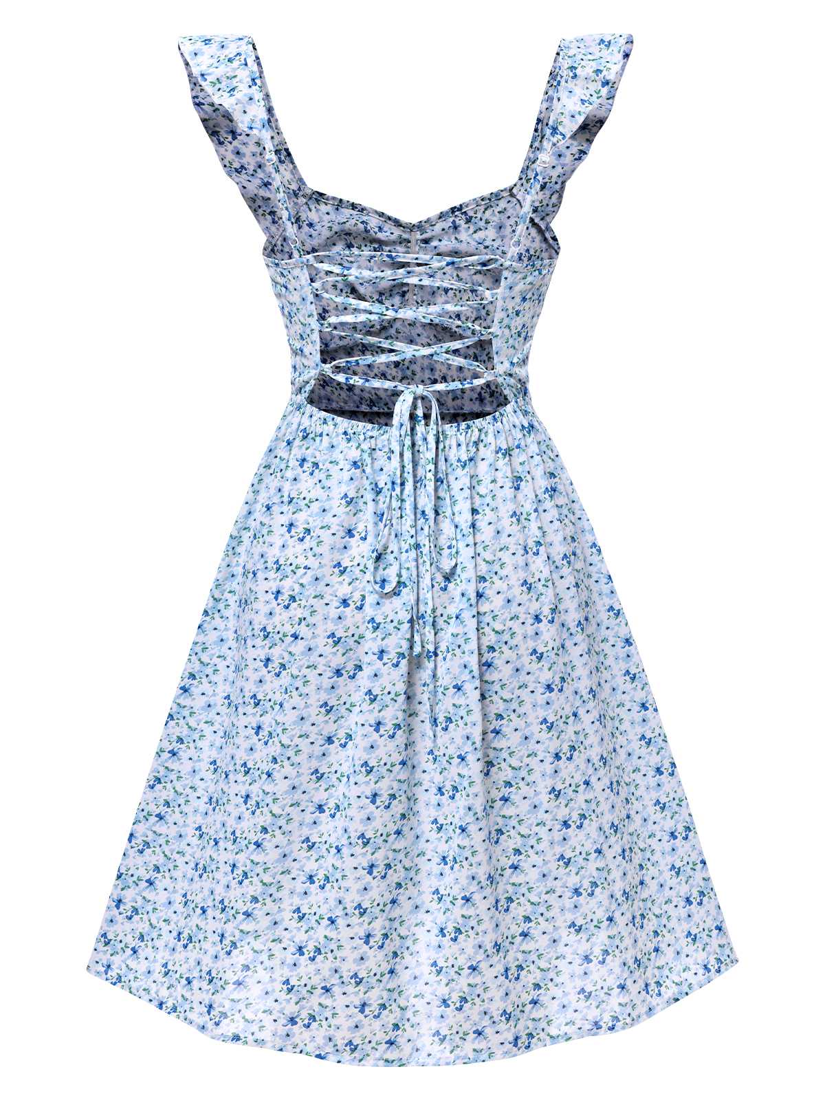 Light Blue 1950s Ruffles Strap Ditsy Floral Dress - Image 2