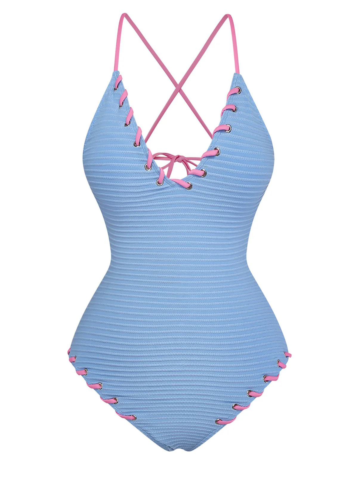 Light Blue 1950s Stripe Lace-Up Ruched One-Piece Swimsuit - Image 2