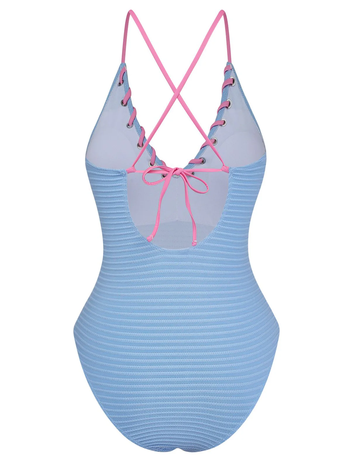 Light Blue 1950s Stripe Lace-Up Ruched One-Piece Swimsuit - Image 3