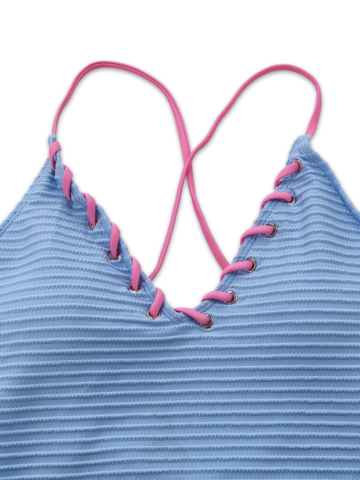 Light Blue 1950s Stripe Lace-Up Ruched One-Piece Swimsuit - Image 4